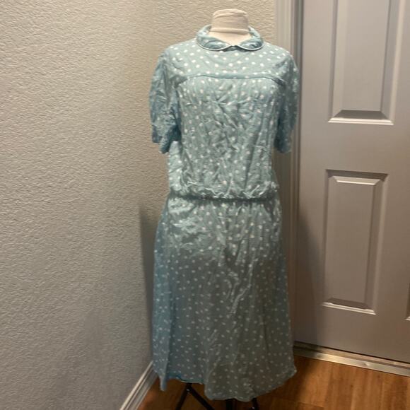 Vintage Polka Dot Collared Sea Foam Green & White Maxi Dress EUC Sz XL Comfy - Picture 1 of 8